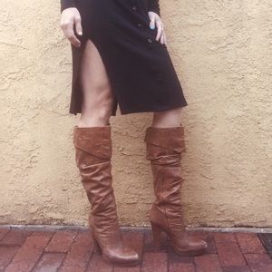 Brown leather knee-high boots